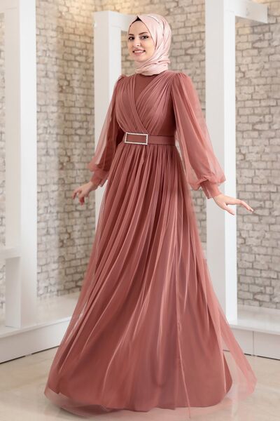 Evening Dress - Stone Belt - Tulle Detailed - Onionskin - FSC2020