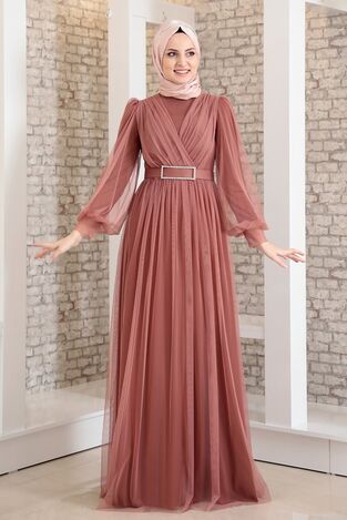 Evening Dress - Stone Belt - Tulle Detailed - Onionskin - FSC2020 