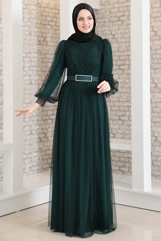 Evening Dress - Stone Belt - Tulle Detailed - Petrol - FSC2020 