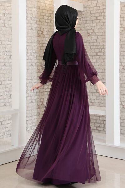 Evening Dress - Stone Belt - Tulle Detailed - Purple - FSC2020