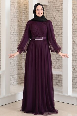 Evening Dress - Stone Belt - Tulle Detailed - Purple - FSC2020 - Thumbnail