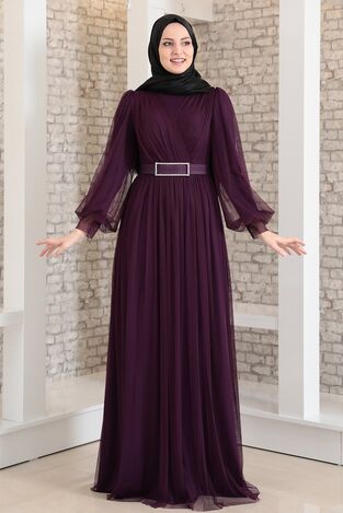 Evening Dress - Stone Belt - Tulle Detailed - Purple - FSC2020 
