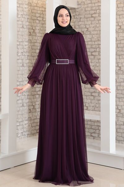 Evening Dress - Stone Belt - Tulle Detailed - Purple - FSC2020