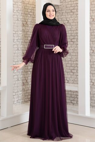 Evening Dress - Stone Belt - Tulle Detailed - Purple - FSC2020 - Thumbnail