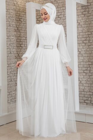 Evening Dress - Tulle Detailed - Stone Detailed Belt - Grey - MDV2042_Copy(4) - Thumbnail