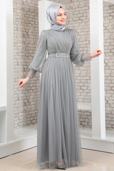 Evening Dress - Tulle Detailed - Stone Detailed Belt - Grey - MDV2042