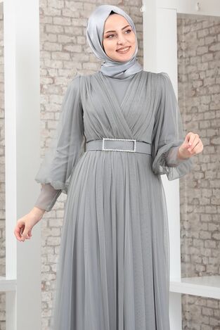 Evening Dress - Tulle Detailed - Stone Detailed Belt - Grey - MDV2042 - Thumbnail