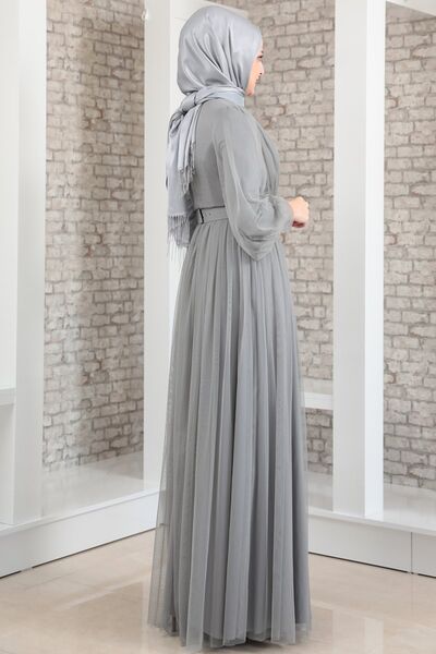 Evening Dress - Tulle Detailed - Stone Detailed Belt - Grey - MDV2042