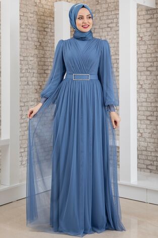 Evening Dress - Tulle Detailed - Stone Detailed Belt - Indigo - MDV2042 - Thumbnail