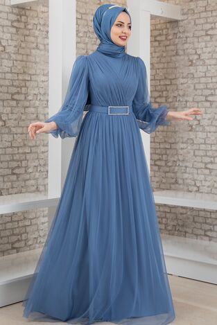 Evening Dress - Tulle Detailed - Stone Detailed Belt - Indigo - MDV2042 - Thumbnail