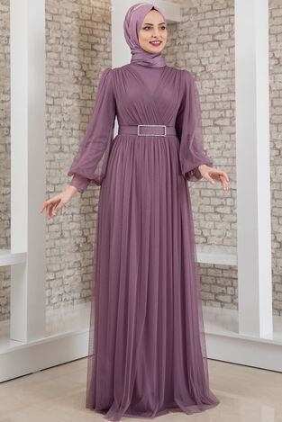 Evening Dress - Tulle Detailed - Stone Detailed Belt - Lilac - MDV2042 - Thumbnail