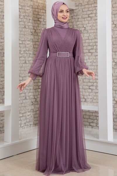 Evening Dress - Tulle Detailed - Stone Detailed Belt - Lilac - MDV2042