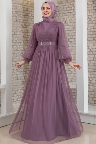 Evening Dress - Tulle Detailed - Stone Detailed Belt - Lilac - MDV2042 - Thumbnail