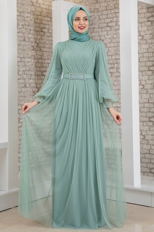 Evening Dress - Tulle Detailed - Stone Detailed Belt - Mint - FSC2020 - Thumbnail