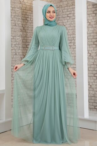 Evening Dress - Tulle Detailed - Stone Detailed Belt - Mint - FSC2020 
