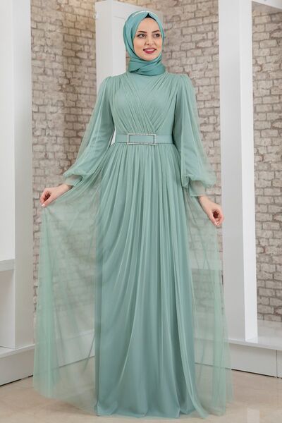 Evening Dress - Tulle Detailed - Stone Detailed Belt - Mint - FSC2020
