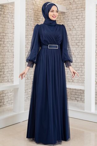 Evening Dress - Tulle Detailed - Stone Detailed Belt - Navy - FSC2020 