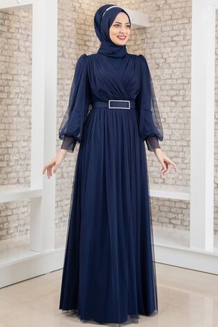 Evening Dress - Tulle Detailed - Stone Detailed Belt - Navy - FSC2020 - Thumbnail