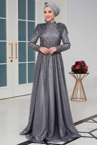 Firuze Abiye Gri - Dresslife Tesettür Giyim - ALM2098 - Thumbnail