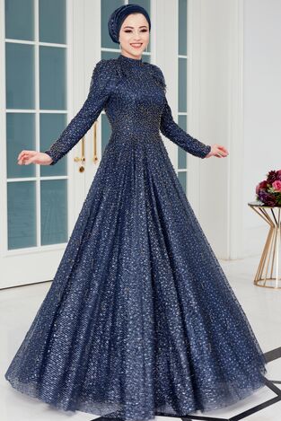 Firuze Abiye Lacivert - Dresslife Tesettür Giyim - ALM2098 - Thumbnail