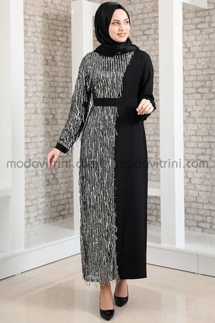 Firuze Robe - A Franges - Noir & Argent - MDV2039 