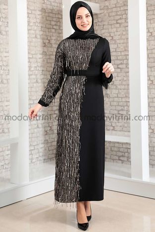 Firuze Robe - A Franges - Noir & Gold - MDV2039 