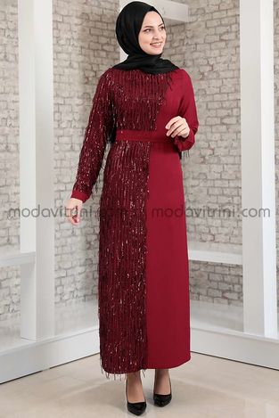 Firuze Saçaklı Elbise Bordo - MDV2039 
