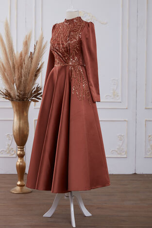Galia Saten Abiye Kiremit - Dresslife Tesettür Giyim - ALM2111 - Thumbnail