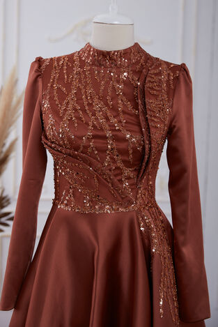 Galia Saten Abiye Kiremit - Dresslife Tesettür Giyim - ALM2111 - Thumbnail