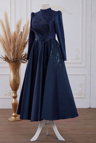 Galia Saten Abiye Lacivert - Dresslife Tesettür Giyim - ALM2111 - Thumbnail