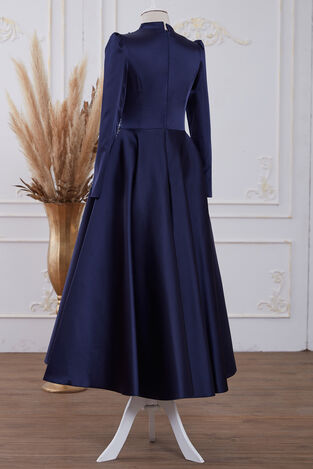 Galia Saten Abiye Lacivert - Dresslife Tesettür Giyim - ALM2111 - Thumbnail