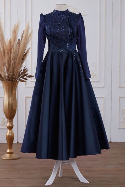 Galia Saten Abiye Lacivert - Dresslife Tesettür Giyim - ALM2111