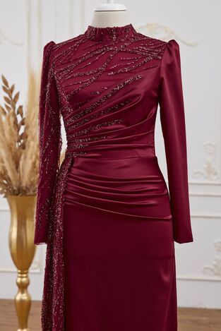 Güneş Saten Abiye Elbise Bordo - Dresslife Tesettür Giyim - ALM2112 - Thumbnail