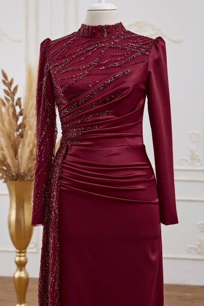Güneş Saten Abiye Elbise Bordo - Dresslife Tesettür Giyim - ALM2112