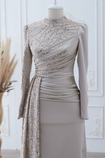 Güneş Saten Abiye Elbise Krem - Dresslife Tesettür Giyim - ALM2112