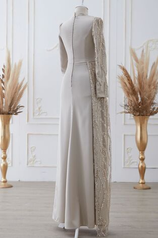 Güneş Saten Abiye Elbise Krem - Dresslife Tesettür Giyim - ALM2112 - Thumbnail