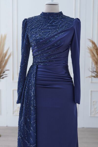 Güneş Saten Abiye Elbise Lacivert - Dresslife Tesettür Giyim - ALM2112