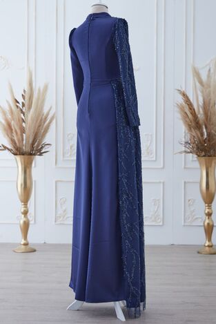 Güneş Saten Abiye Elbise Lacivert - Dresslife Tesettür Giyim - ALM2112 - Thumbnail
