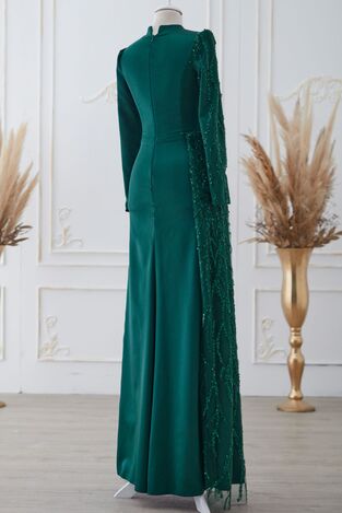 Güneş Saten Abiye Elbise Zümrüt - Dresslife Tesettür Giyim - ALM2112 - Thumbnail