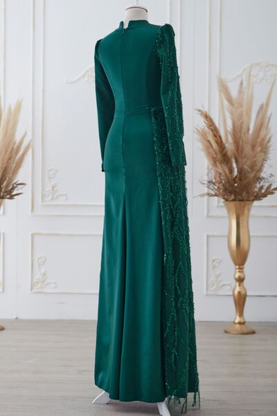 Güneş Saten Abiye Elbise Zümrüt - Dresslife Tesettür Giyim - ALM2112