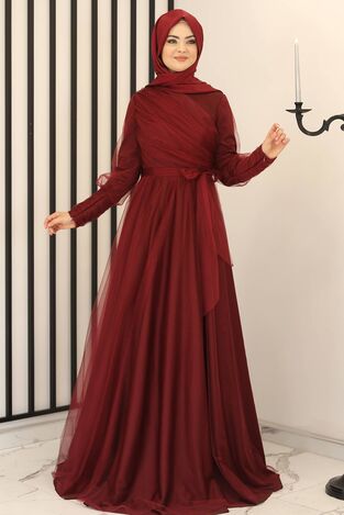 İnci Tül Abiye Bordo - Fashion Showcase Design - FSC2158 - Thumbnail