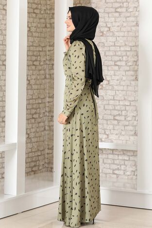 İpek Saten Desenli Elbise Haki - Fashion Showcase Design - FSC3043 - Thumbnail