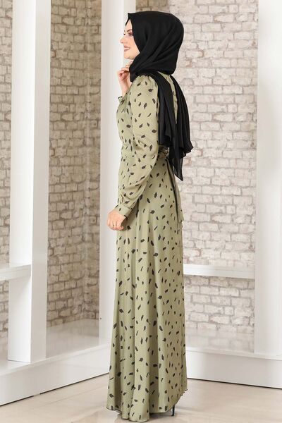 İpek Saten Desenli Elbise Haki - Fashion Showcase Design - FSC3043