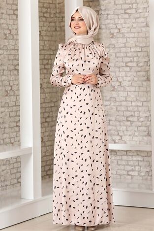 İpek Saten Desenli Elbise Krem - Fashion Showcase Design - FSC3043 - Thumbnail