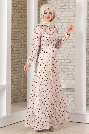 İpek Saten Desenli Elbise Krem - Fashion Showcase Design - FSC3043 - Thumbnail