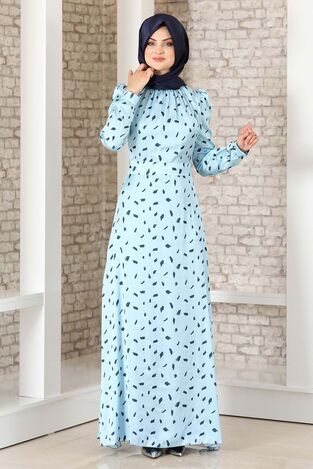 İpek Saten Desenli Elbise Mavi - Fashion Showcase Design - FSC3043 - Thumbnail