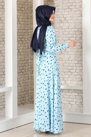 İpek Saten Desenli Elbise Mavi - Fashion Showcase Design - FSC3043 - Thumbnail