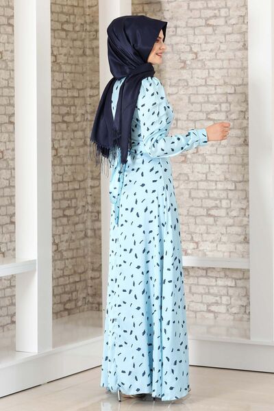İpek Saten Desenli Elbise Mavi - Fashion Showcase Design - FSC3043