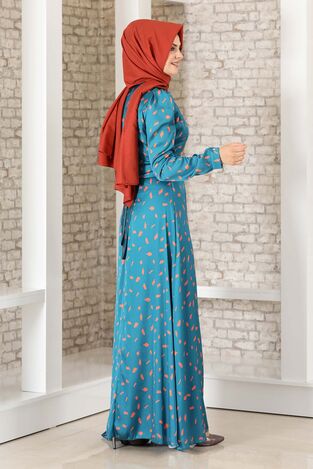İpek Saten Desenli Elbise Petrol - Fashion Showcase Design - FSC3043 - Thumbnail