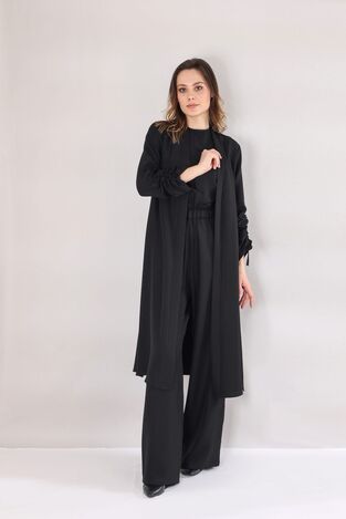 Keten Kolu Tünel Detay Kimono - Siyah - FSC3113 
